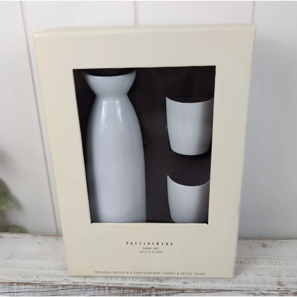 Pottery Barn Sake Set White Ceramic 3 Piece NEW Carafe & Petite Tasses
